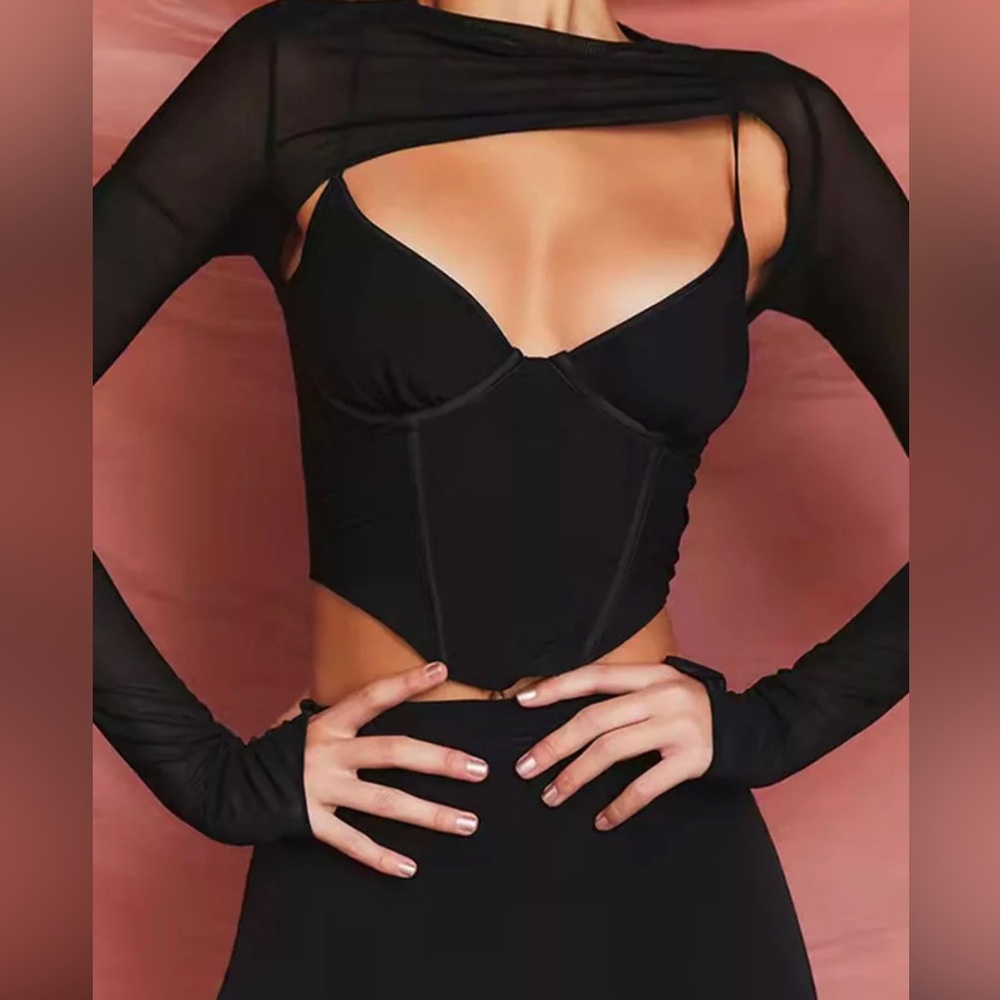 Mesh Long Sleeve Asymmetry Corset Crop Tops